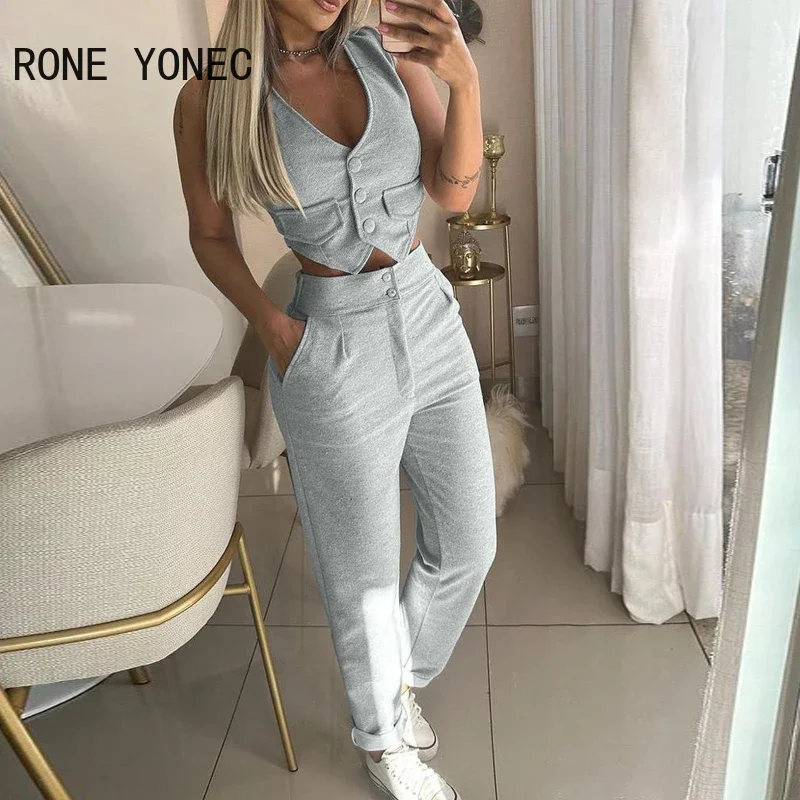 V-Neck Buttoned Vest Top & Pants Set Women Two Pieces Suits