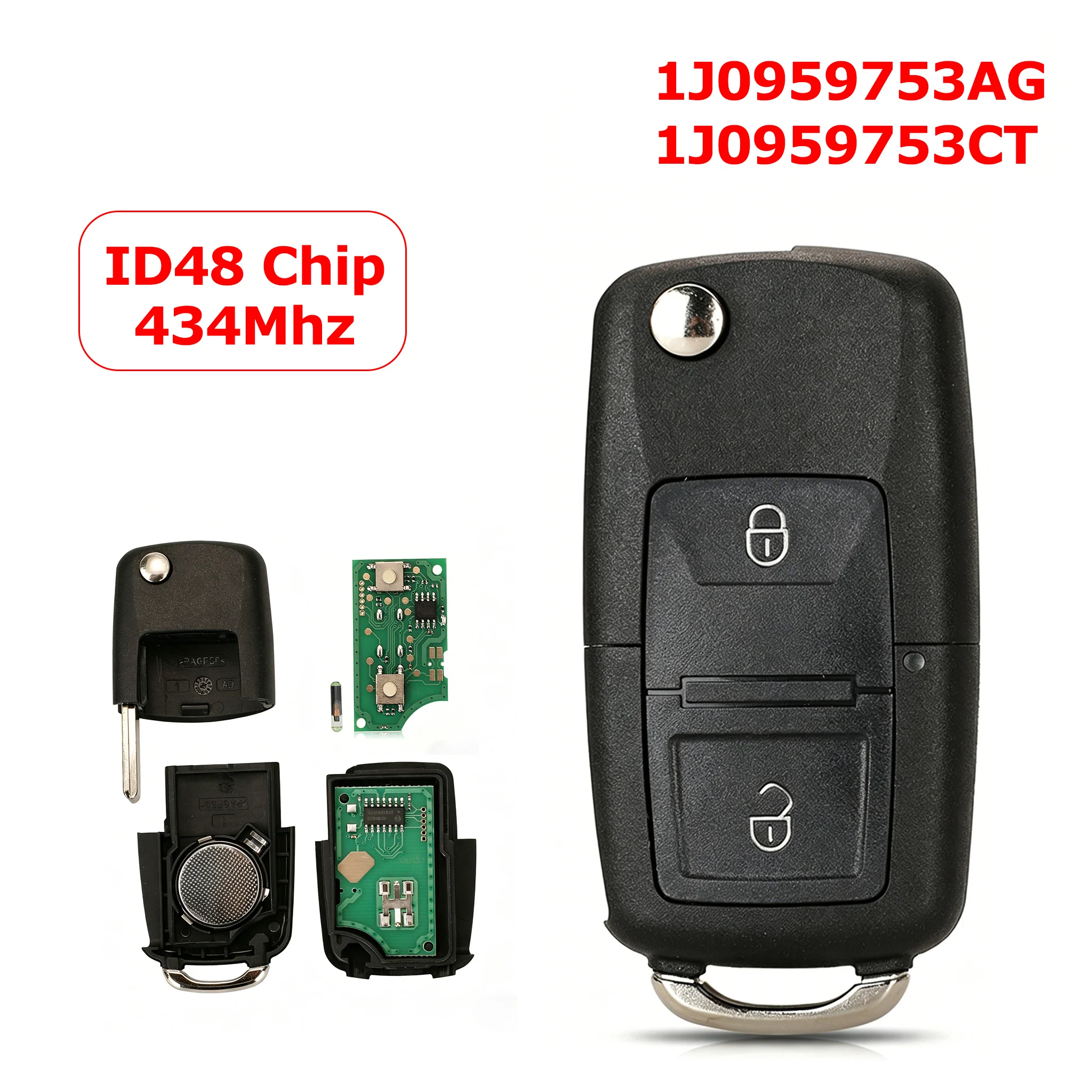 

1J0959753AG / 1J0959753CT With ID48 Chip 434Mhz Car Remote Key 2 Buttons For Volkswagen VW Golf Mk4 Polo Passat New Beetle Bora