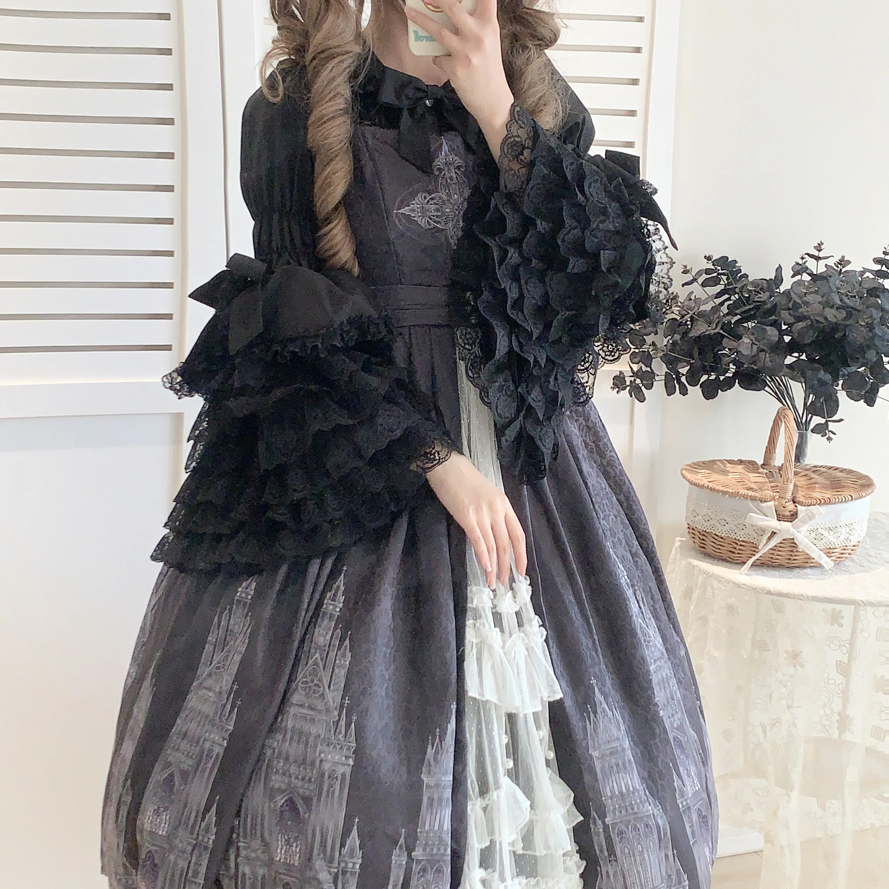 Lolita Long Flared Sleeve White Bow Versatile Bottoming Shirt Spring Autumn Girl Elegant Lace Solid Color Heavy Industry Top