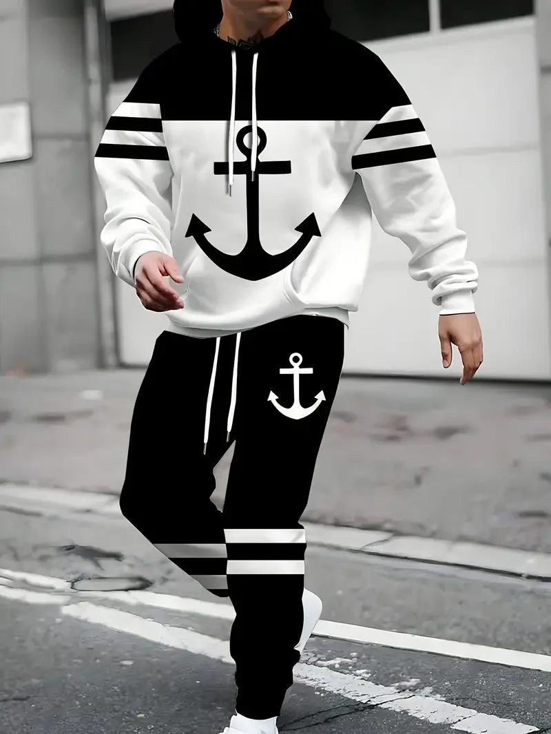 Męskie komplety dresowe z kapturem, spodnie patchworkowe z nadrukiem 3D, zestawy dwuczęściowe, streetwear, luźny krój, prostota, dres, bluza z długim rękawem.