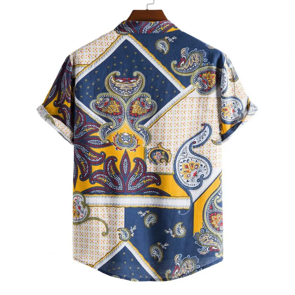 

Casual Beach Shirt Retro Color Combination Top Colorful Print Men's Summer Shirt with Turn-down Collar Short Sleeve for Casual