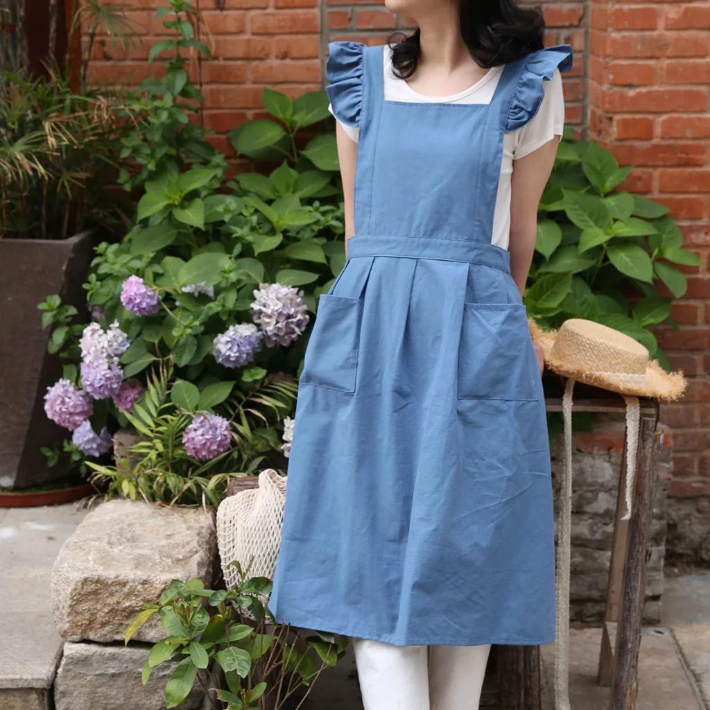 Washed Cotton Linen Retro Kitchen Aprons Flower Shop Garden Ruffles Work Clean Apron for Cooking Baking Restaurant Woman Dress