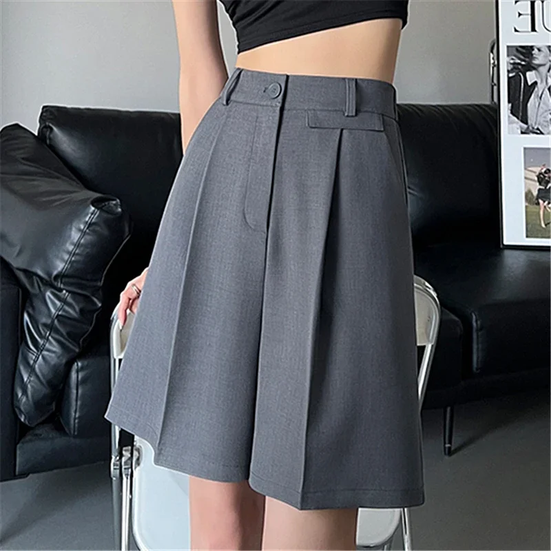 2024 New Summer Women\'s Suit Half Pants Elegant Wide Leg High Waist Solid Pockets Minimalism Loose Short Trousers Female