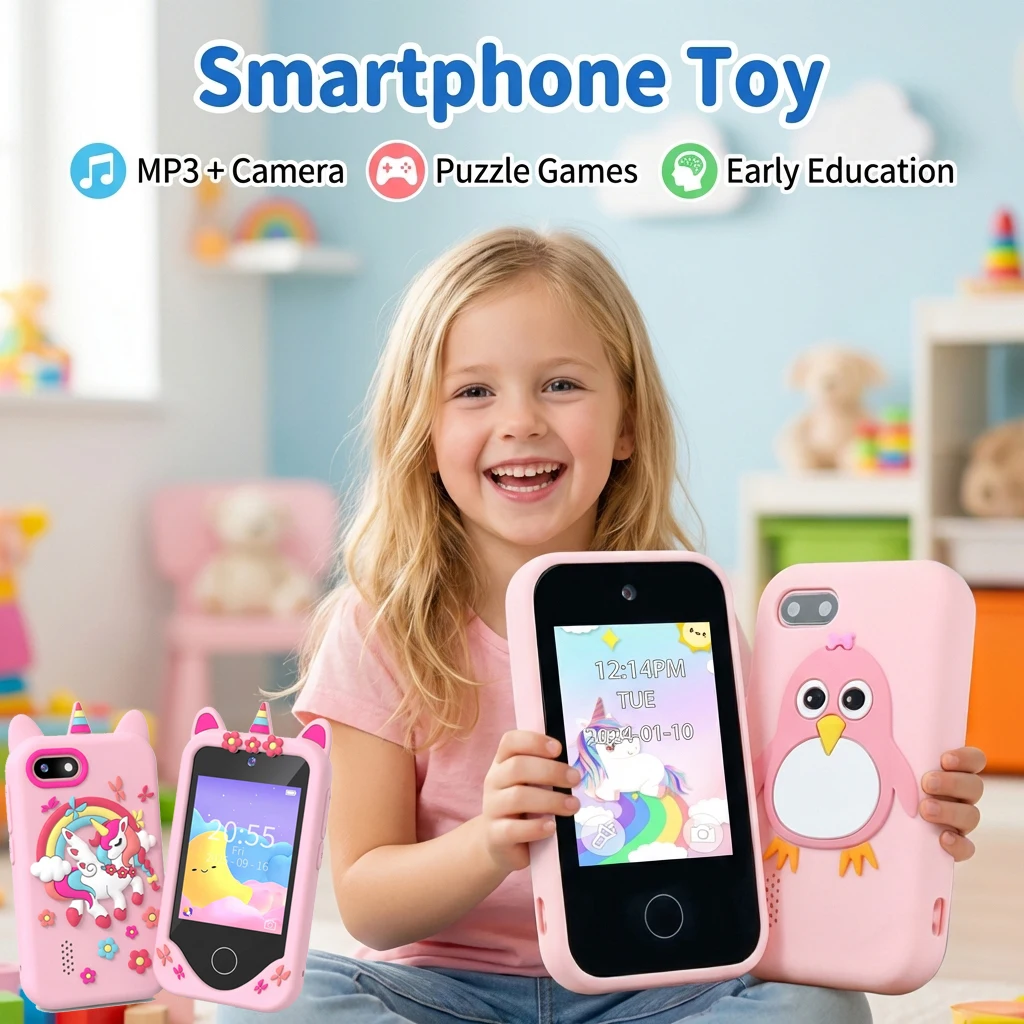 子供用スマートフォントイ、カメラ＆パズルゲーム、mp3プレーヤー搭載、タッチスクリーン学習携帯、シリコン製携帯電話、男の子女の子へのプレゼント