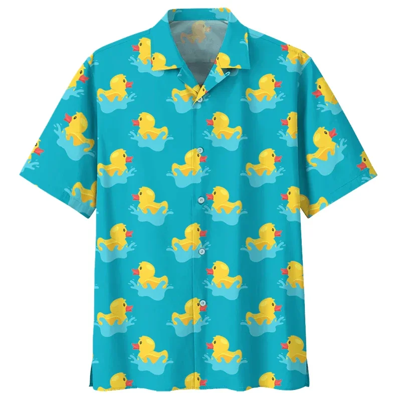 Novelty Cartoon Rubber Duck Splashing Water Print Aloha Shirt For Men Short Sleeve Button Down Casual Beach Vacation Party