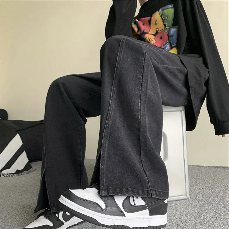 

High Street Split Men's Jeans Spring Autumn Long Pants Floor-Length Wide Leg Loose Straight Korean Sle Casual Jeans