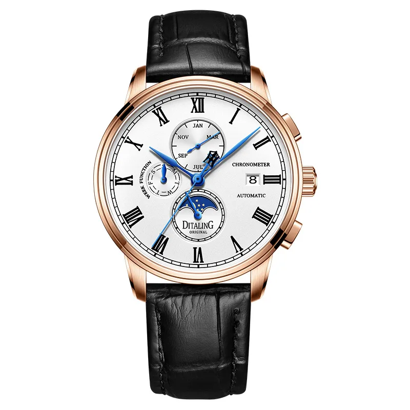 DITALING Men Automatic Watch 40MM Mechanical Wristwatch 50m Waterproof Sapphire Mirror Multi-Dial Month Week Date Sun-Moon
