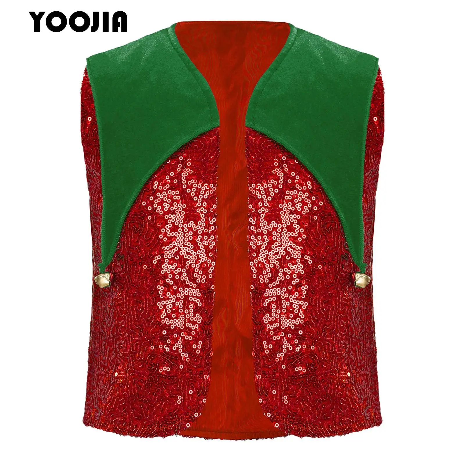 Unisex Boys Girls Sequined Christmas Dance Costume Shiny Open Front Waistcoat Velvet Bell Santa Elf Vest Hip-hop Jazz Dancewear