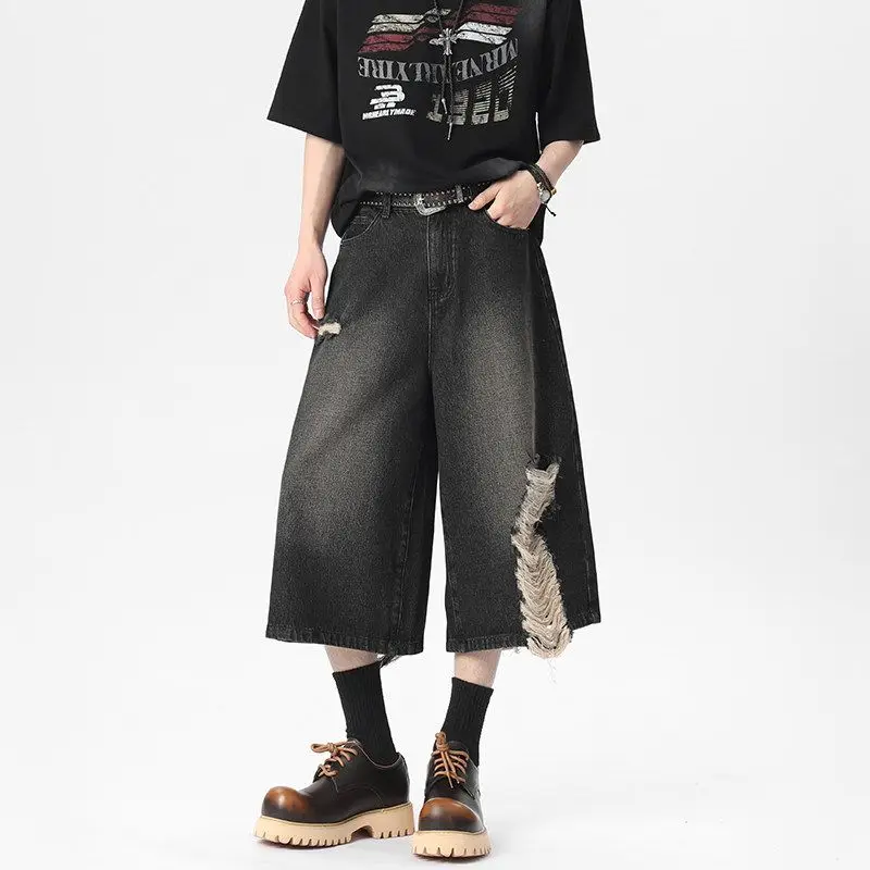 Washed and Old Ripped Denim Cropped Pants Men's 2026 Summer New Loose Wide-leg Shorts