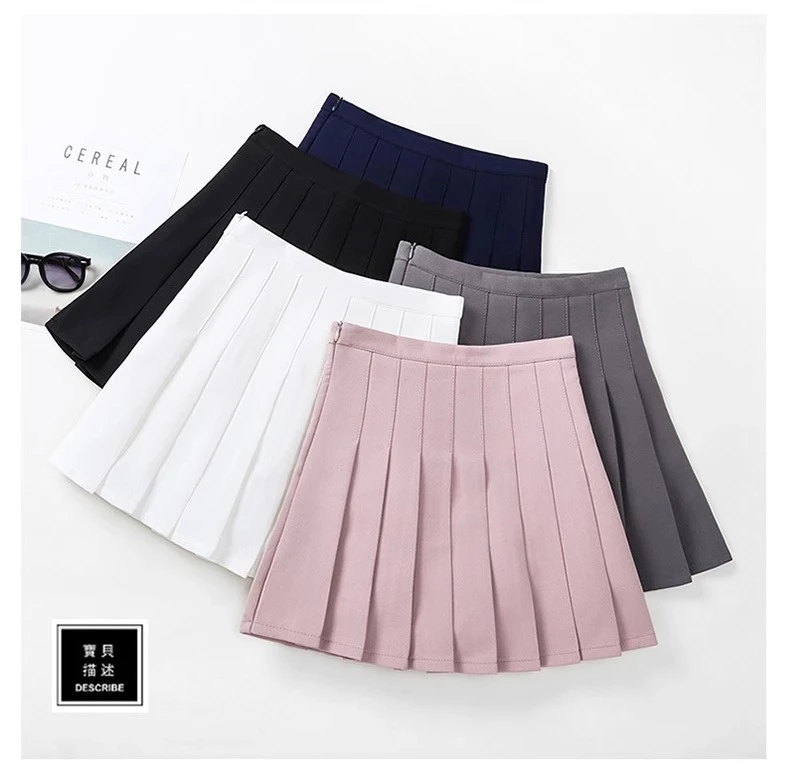 Damen Hochgeschnittener Plissierter Minirock A-Linie Gestreifter Saum Preppy-Stil Sommer Tennis JK Uniform – Detail 10