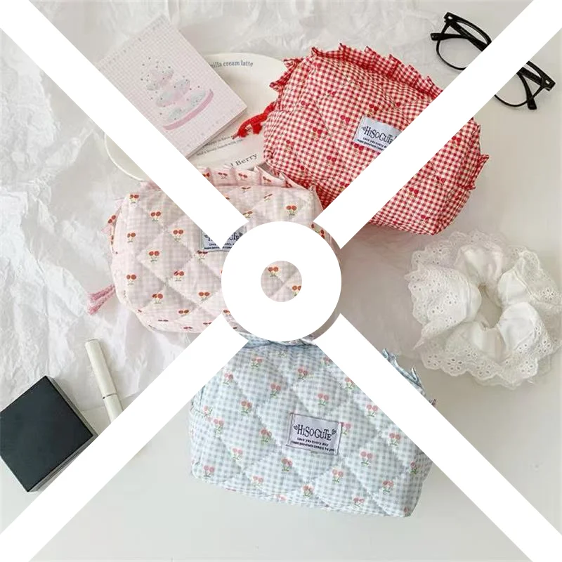 

Cute Cherry Plaid Cosmetic Bags Portable Ladies Clutch Purse Women's Lipstick Makeup Case Commute Female Storage Bag Pencil Case