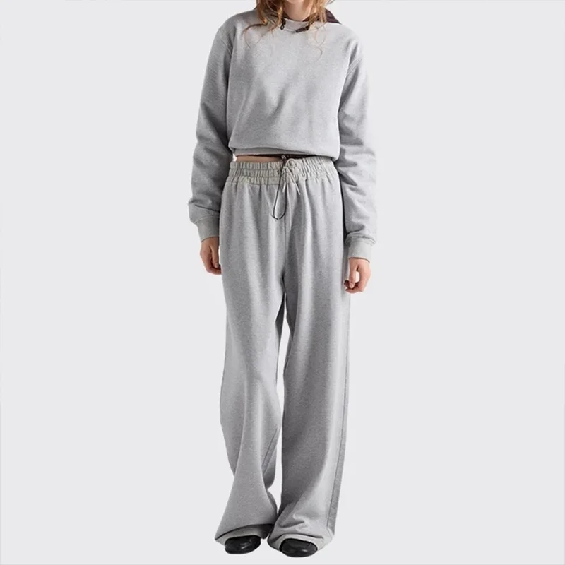 High-quality women's long top and Stretchable laces trousers set in grey, loose and casual style 25919111