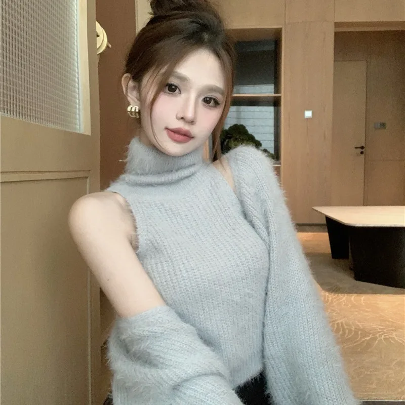High Quality Women's  Fur Knitted High Collar Sweater Two Piece Set Sexy Spicy Girl Pure Desire Autumn Winter New Arrival
