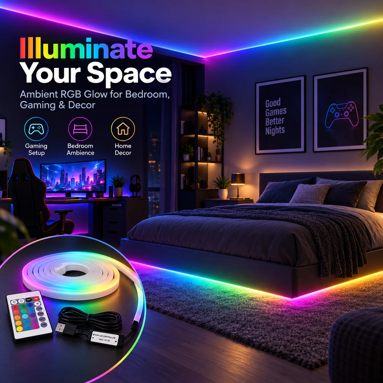 USB RGB Neon LED Strip Light 5V SMD3535 Flexible Cuttable Neon Rope Light with Remote for Bedroom Gaming DIY Decor