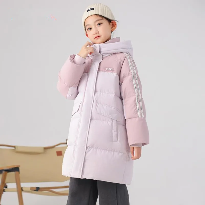 Children's Down Coat 2024 Winter New Color Blocked Hooded Warm Outerwear Windproof Down Jacket A4165