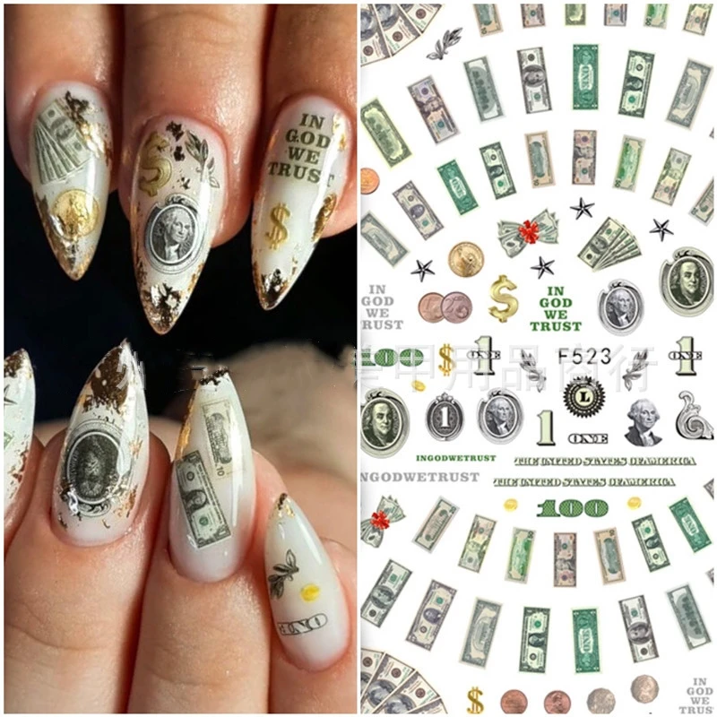 

1PCS 3D Back Adhesive Nail Stickers New Year Christmas Paper Coins US Dollar Coins Stickers For Nails DIY Nail Art Decora Decals