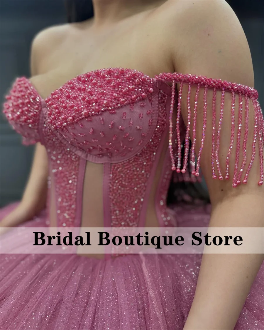 Luxury Dust Pink Puffy Beaded Quinceanera Dress 2024 Tassels Crystals Ruffles Beads Vestidos De 15 Quinceañera  Customized