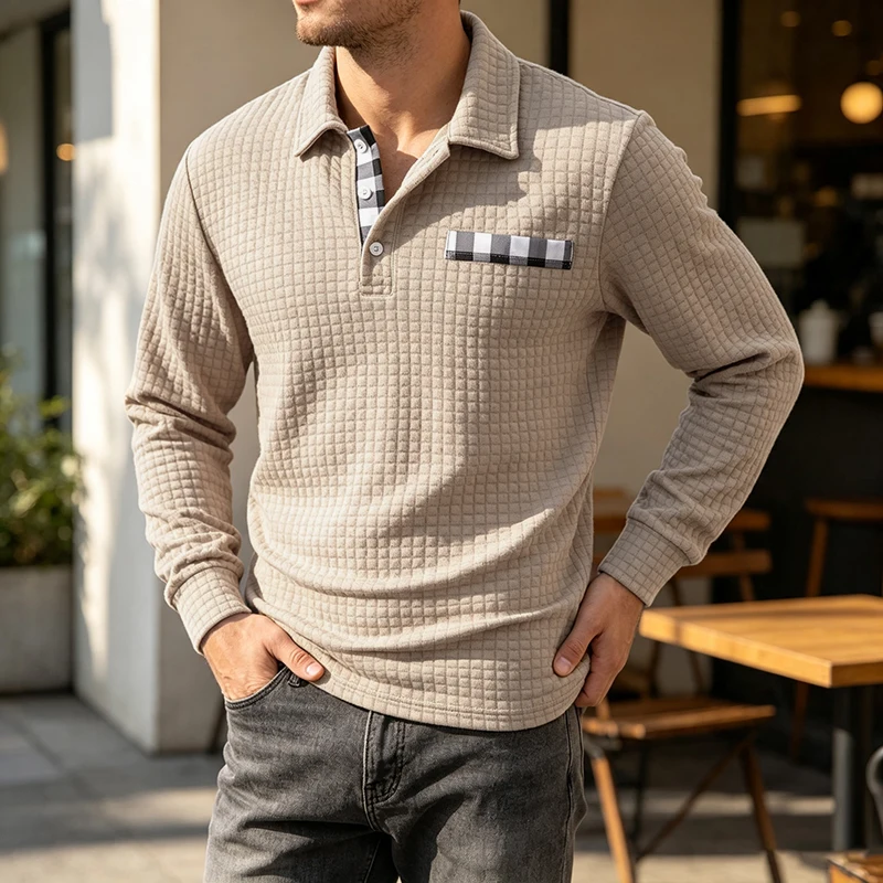 Men Waffle Knit Long Sleeve Polo Shirt Lapel Half Button Regular Fit Spring Autumn Business Casual Breathable Soft Tops