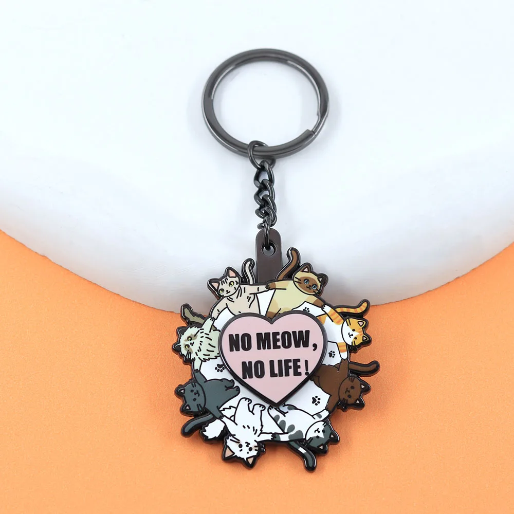 Cute No Meow No Life Keychain Rotating Metal Cat Keyring Kawaii Kitten Heart Pendant Spinning Key Chain Cat Lover Jewelry Gift