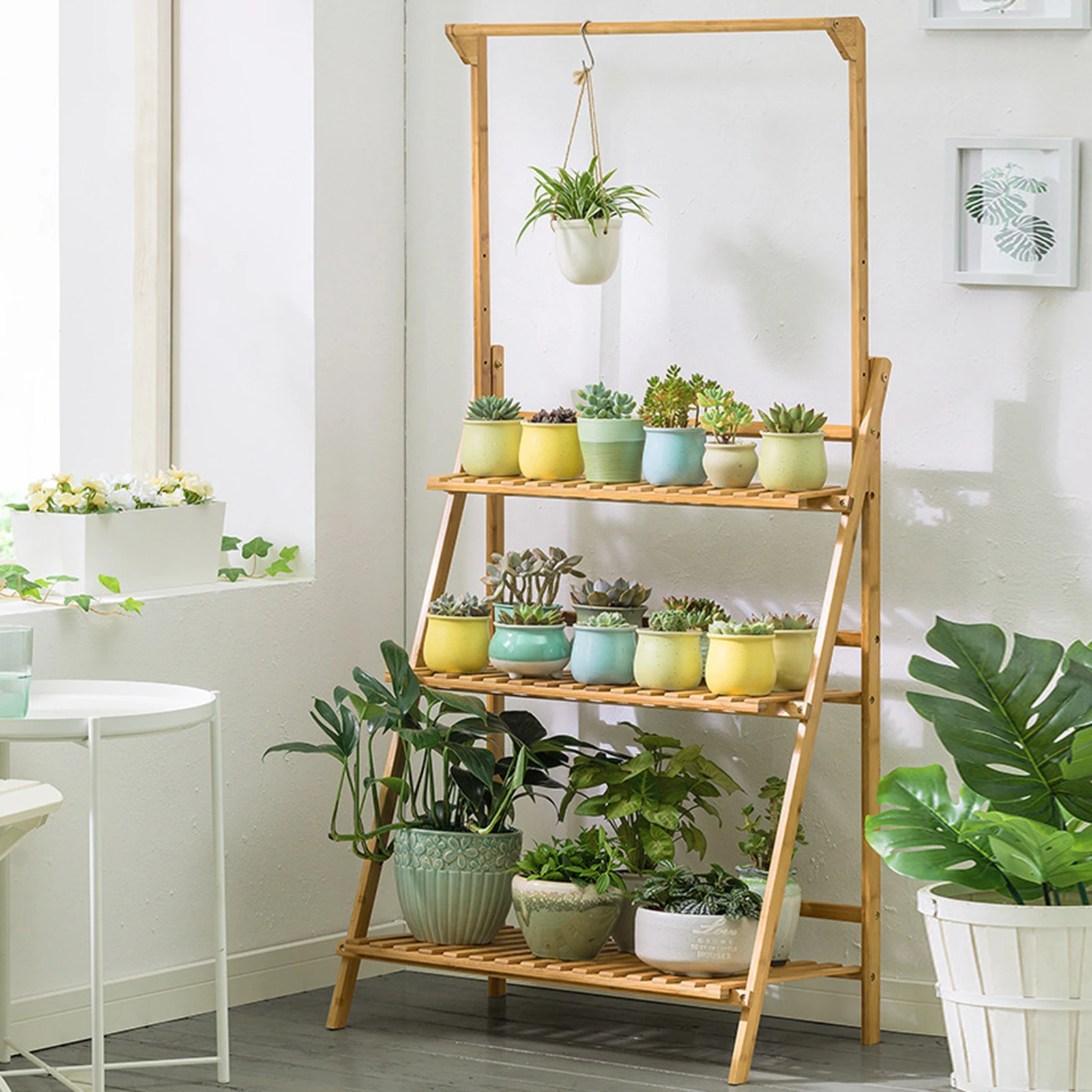 Bamboo Flower Stand 3-Tier Plant Stand with Hanging Pole Adjustable Height Flower Pot Organizer Rack for Indoor Outdoor Plant