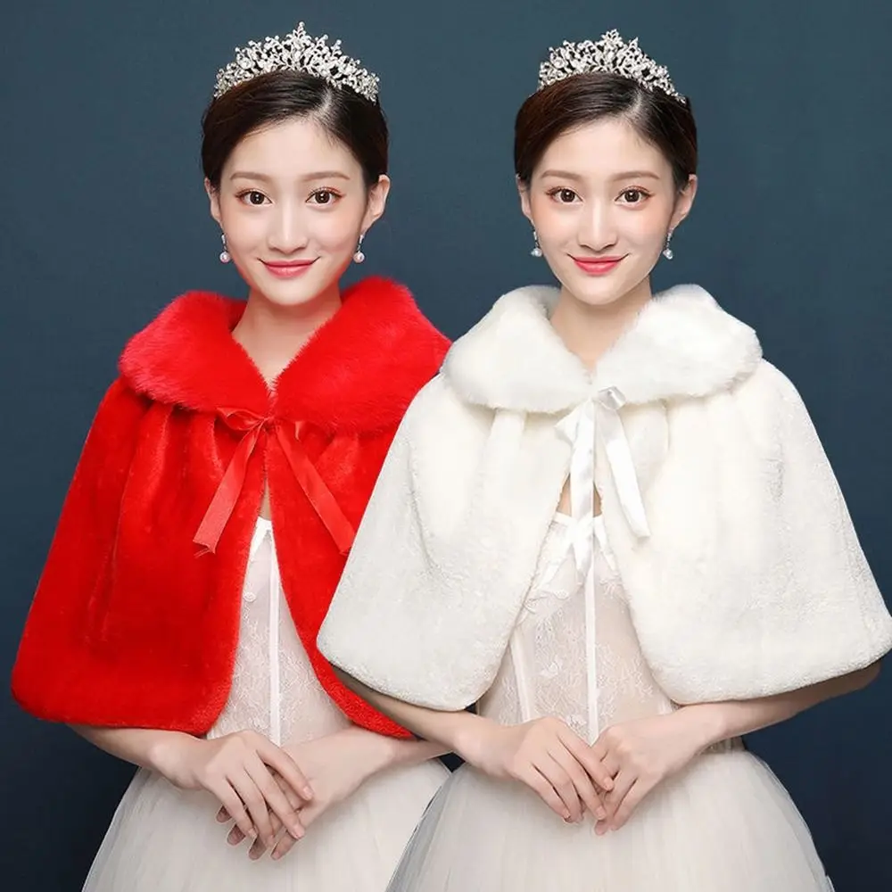 

White Womens Winter Thicken Plush Wrap Stole Elbow Length Wedding Bridal Shawl Cape Warm Jacket Shrug with Lace Up Ribbon