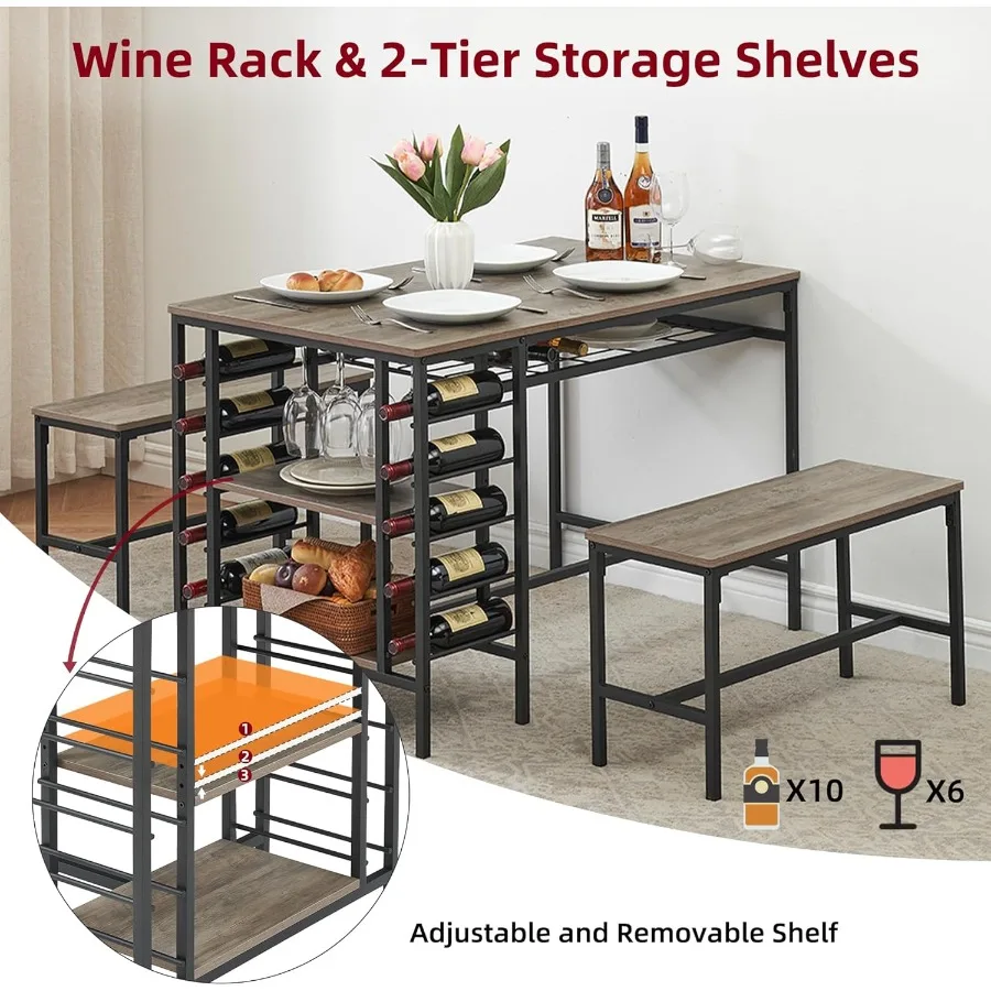 طقم طاولة طعام لـ 4 طاولات مطبخ مع رف نبيذ 2 Behes ورف تخزين طقم طاولة غرفة طعام مستطيلة مكونة من 3 قطع لتناول الطعام #4