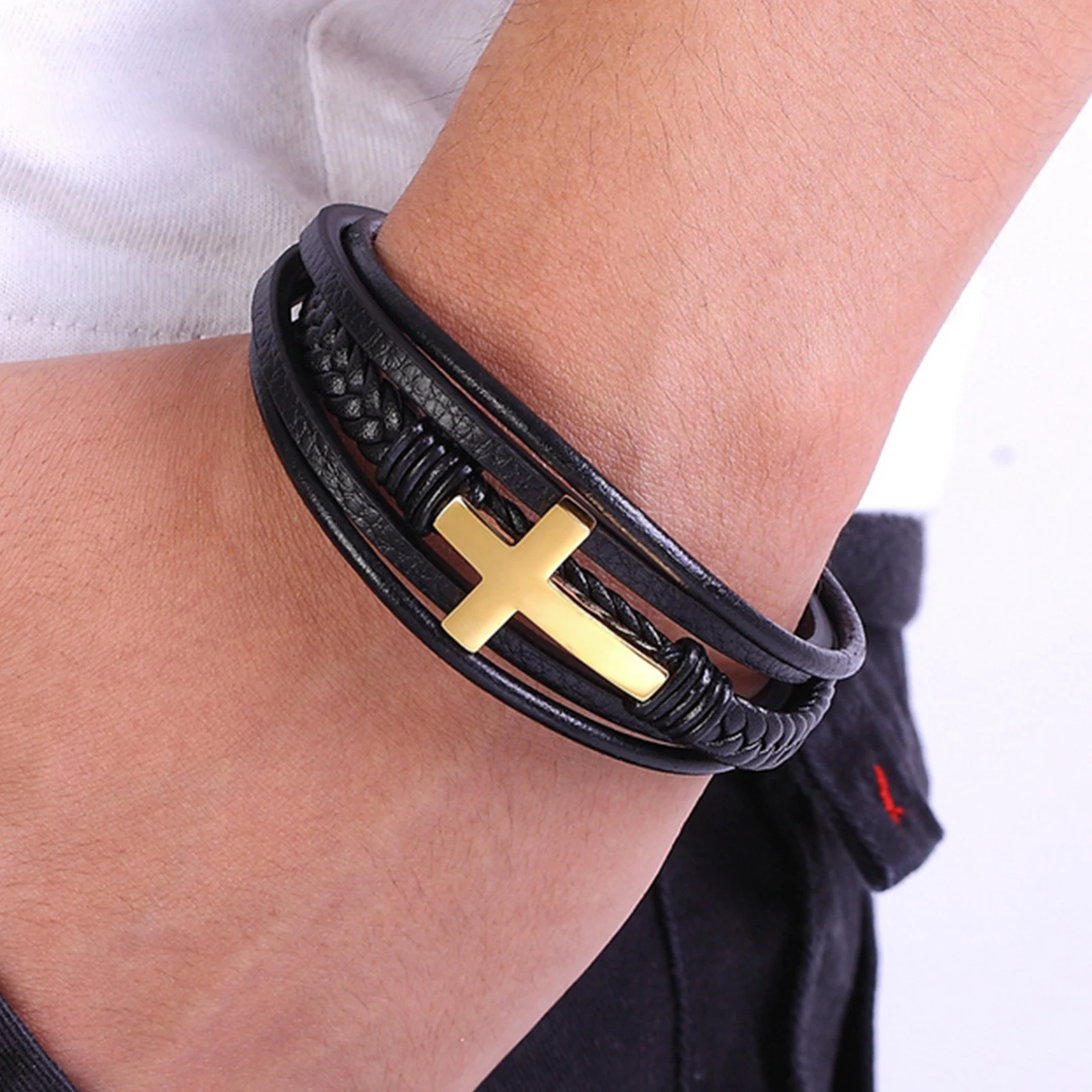 Multicolor Cross Design Classic Metal Clasp Men's Leather Bracelet Adjustable Handsome Christmas Memorial Gifts Jewelry