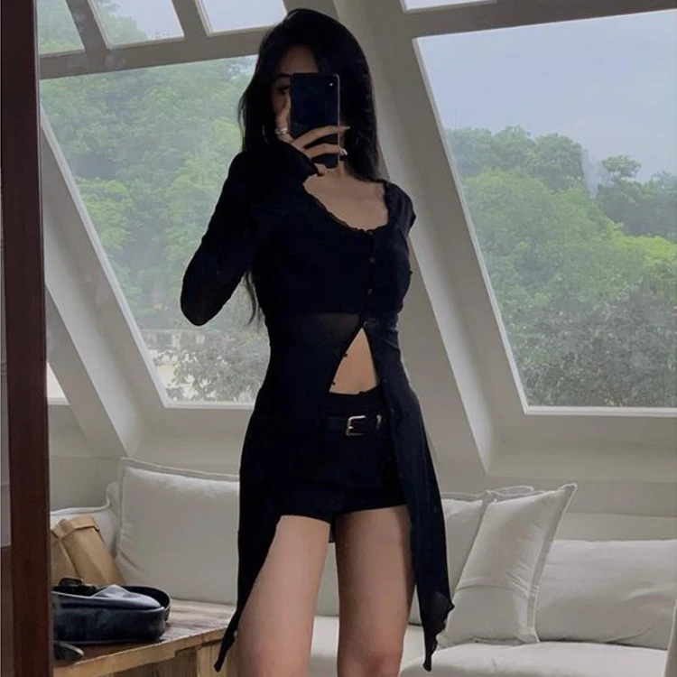 Simple Single Breasted Black Tops Women Summer New Sun Protection Mesh Cardigans Y2k E-Girl Long Sleeve Mid-length Blouses