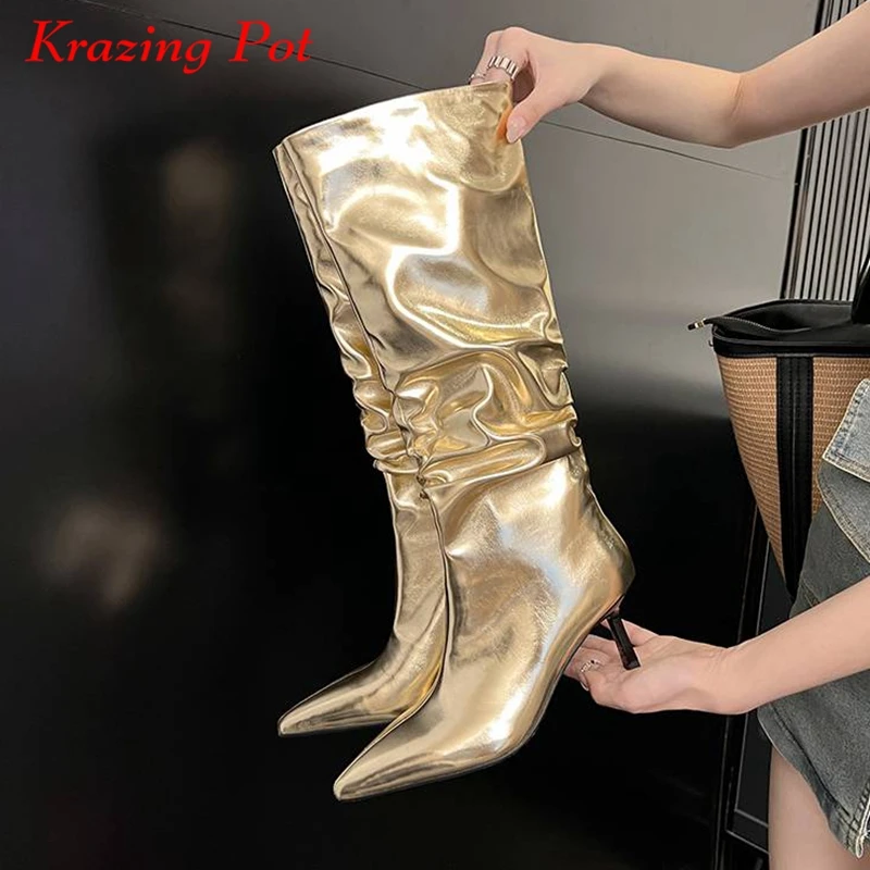 

Krazing Pot Microfiber Pointed Toe Stiletto Thin High Heels Winter Modern Boots Pleated Decoration Dating Lady Knee High Boots