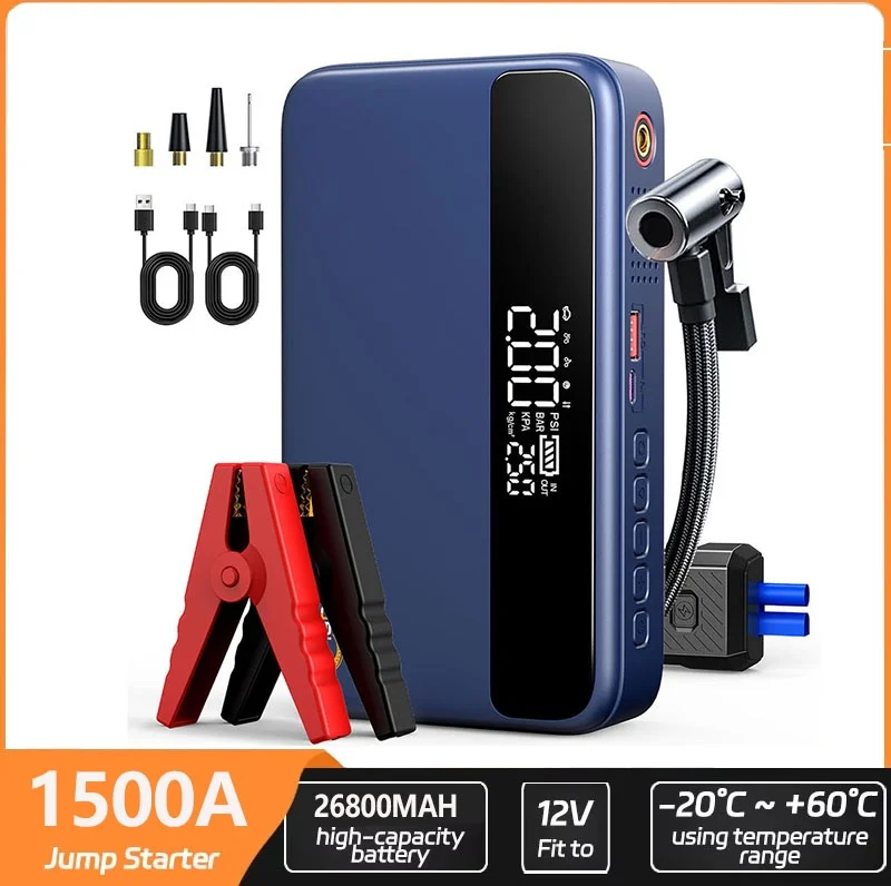 1000A/1500A PEAK Starthilfegerät mit Luftkompressor, kabelloser Reifenfüller, Autobatterie-Booster mit Powerbank und LED-Taschenlampe, 12V Auto-Starthilfegerät für alle Benzinfahrzeuge oder 10,0L