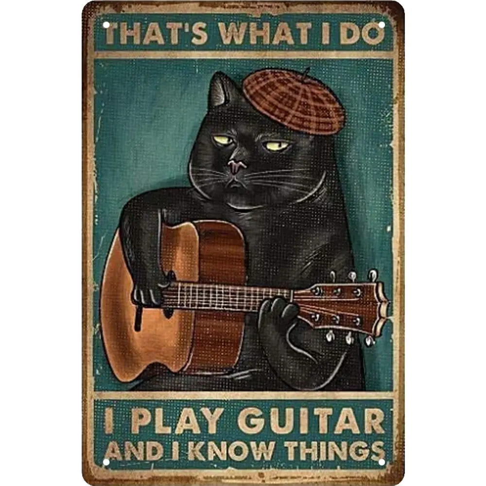 

Metal Signs Cat Playing Guitar Garage Decoration Waterproof Rectangular 20x30cm