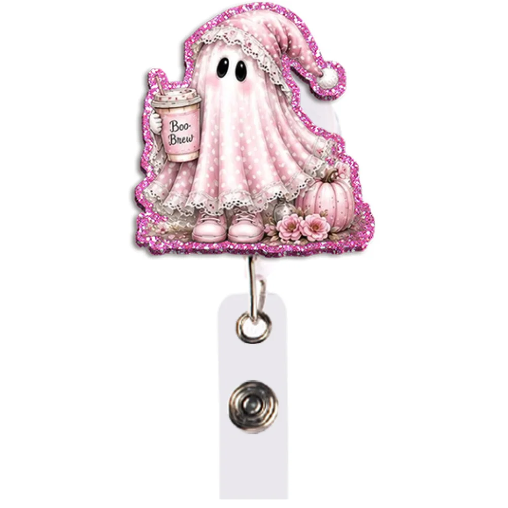 Kawaii Pink Halloween Badge Reel Retractable ID Holder Pumpkin Ghost Witch Hat Teddy Gift for Teacher Office Work Party Crew