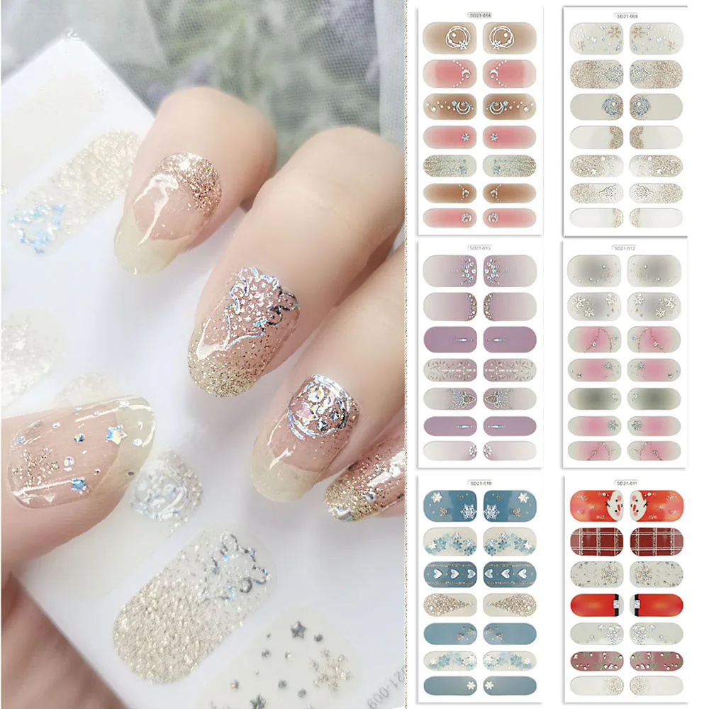 3d Glitter Volledige Cover Nagelsticker Zelfklevende Lakstrips Op Nagels Multicolor Xmas Manicure Stickers Blijvende Nagelfilm