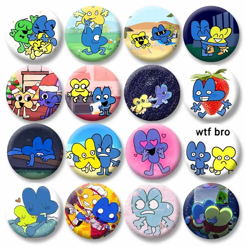 

Game Peripheral BFDI Four and X Lapel Pins Funny Cartoon Figure Collectible Badge Round Snap-in Brooch Clothes Bag Decor Jewelry