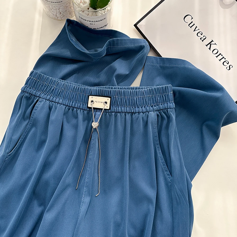 Pantalon en Denim fin et ample pour femmes, décontracté, chaînes de mode d'été, cordon de serrage, taille élastique, pantalon droit en soie glacée, jambes larges