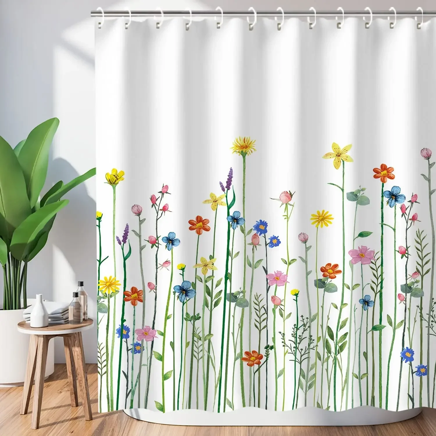 Floral Shower Curtain for Bathroom Flower Bath Curtain Watercolor Wildflower Flowered Bathroom Curtain with Hooks Decor Curtainh