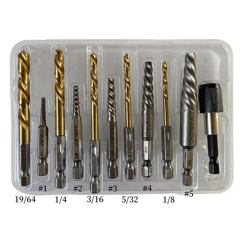 Hex Shank Screw Extractor Set Titanium Coated Twist Drill Bits Reverse Thread Removal Tool Kit