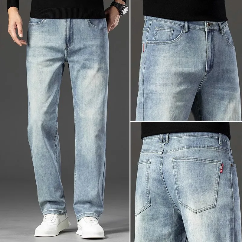 جينز رجالي للربيع والخريف فضفاض مستقيم قابل للتمدد مقاس كبير سروال طويل غير رسمي للرجال عصري رائع