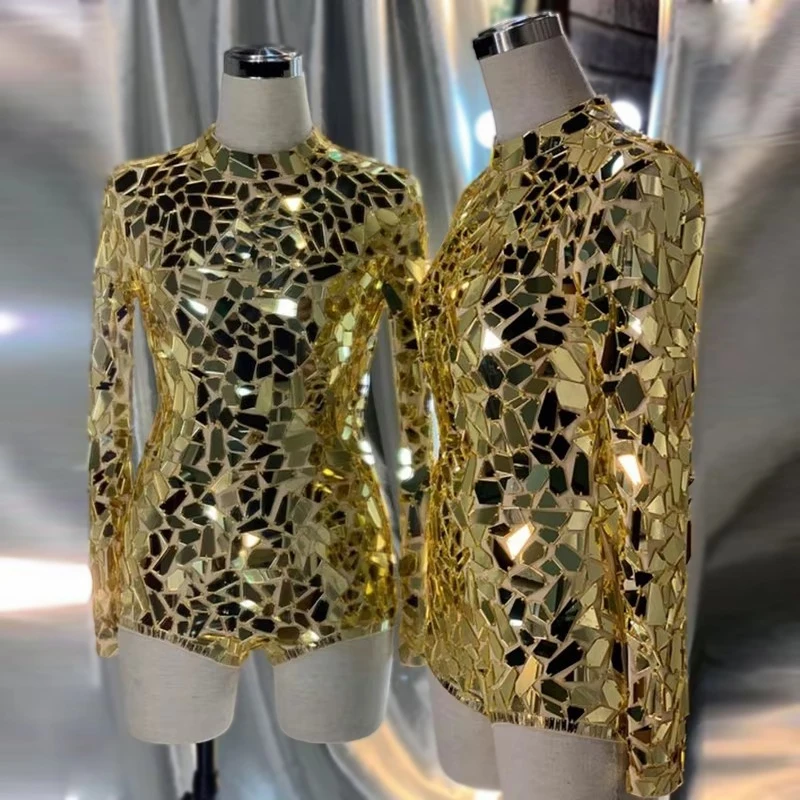 Body con espejo dorado para mujer, ropa de escenario, ropa de bailarina Gogo, club nocturno, fiesta, espectáculo, disfraz, Festival, Carnaval, traje Rave VDL1948