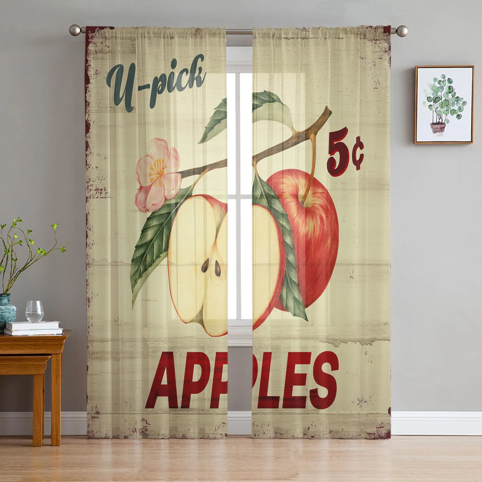 

Apple Fruit Wood Grain Vintage Tulle Voile Curtains For Bedroom Window Curtain For Living Room Sheer Curtains Organza Drapes