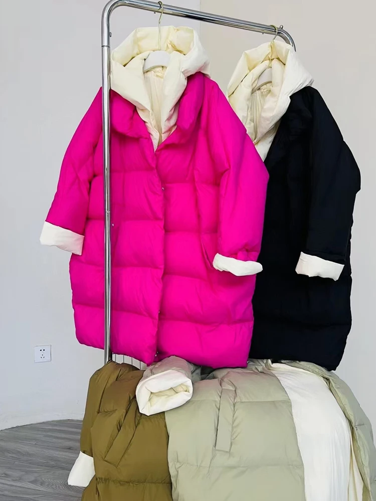 Koreaanse Stijl Contrast Kleur Lange Puffer Jas Voor Vrouwen Oversized 2023 Winter Pluizige Warme Capuchon Dons Jas Stijlvolle Inkeo 3o235