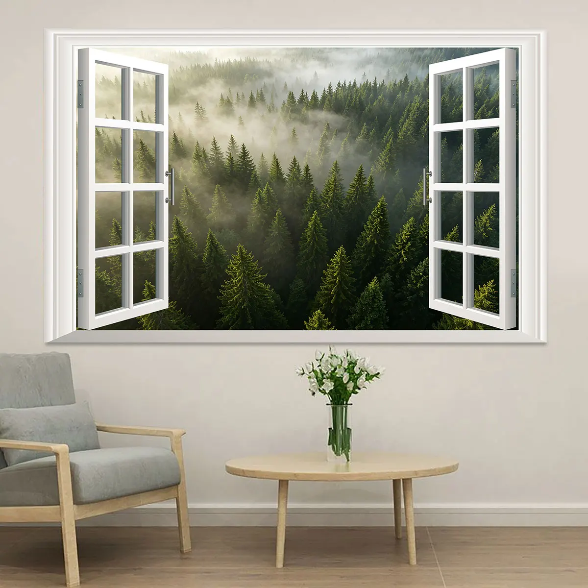 1Pc Misty Coniferous Forest Fake Window View Wall Sticker PVC Open Window Landscape Mural Natural Scenery Wall Art For Living