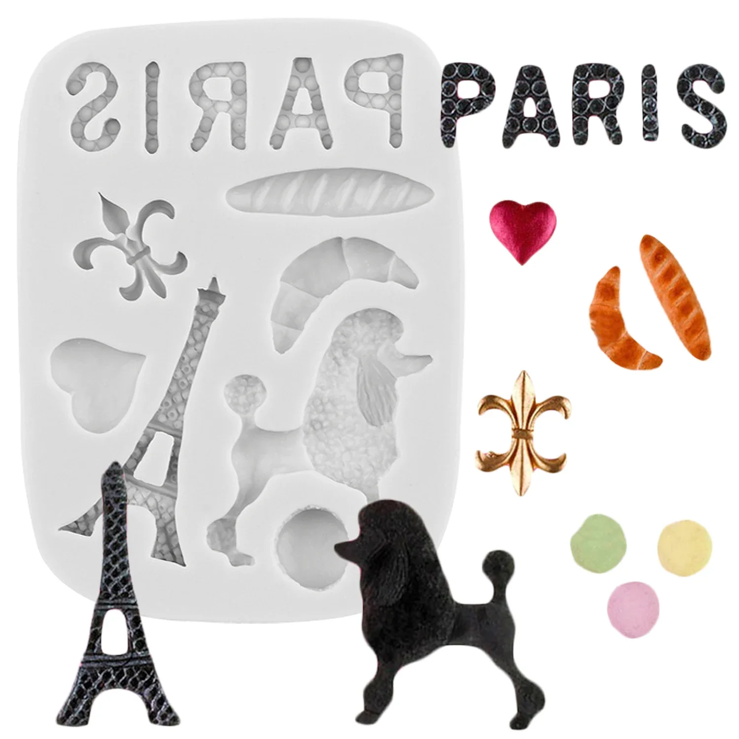 Paris Eiffel Tower Silicone Molds Poodle Dog Relief Cupcake Topper Fondant Cake Decorating Tools Candy Chocolate Gumpaste Moulds