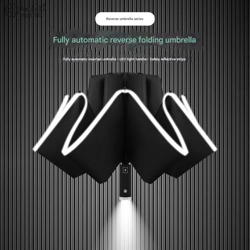 

LED Fully Automatic Folding Umbrella with Light Reverse Umbrella Flashlight Single Person Sun Protection Business Sunshade