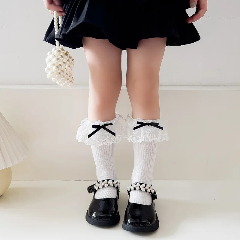 2 Pairs of Spring and Autumn Girl Lace Love Cute Bow Princess Sweet Mori Tie Kids Comfortable Solid Color Mid-tube Socks