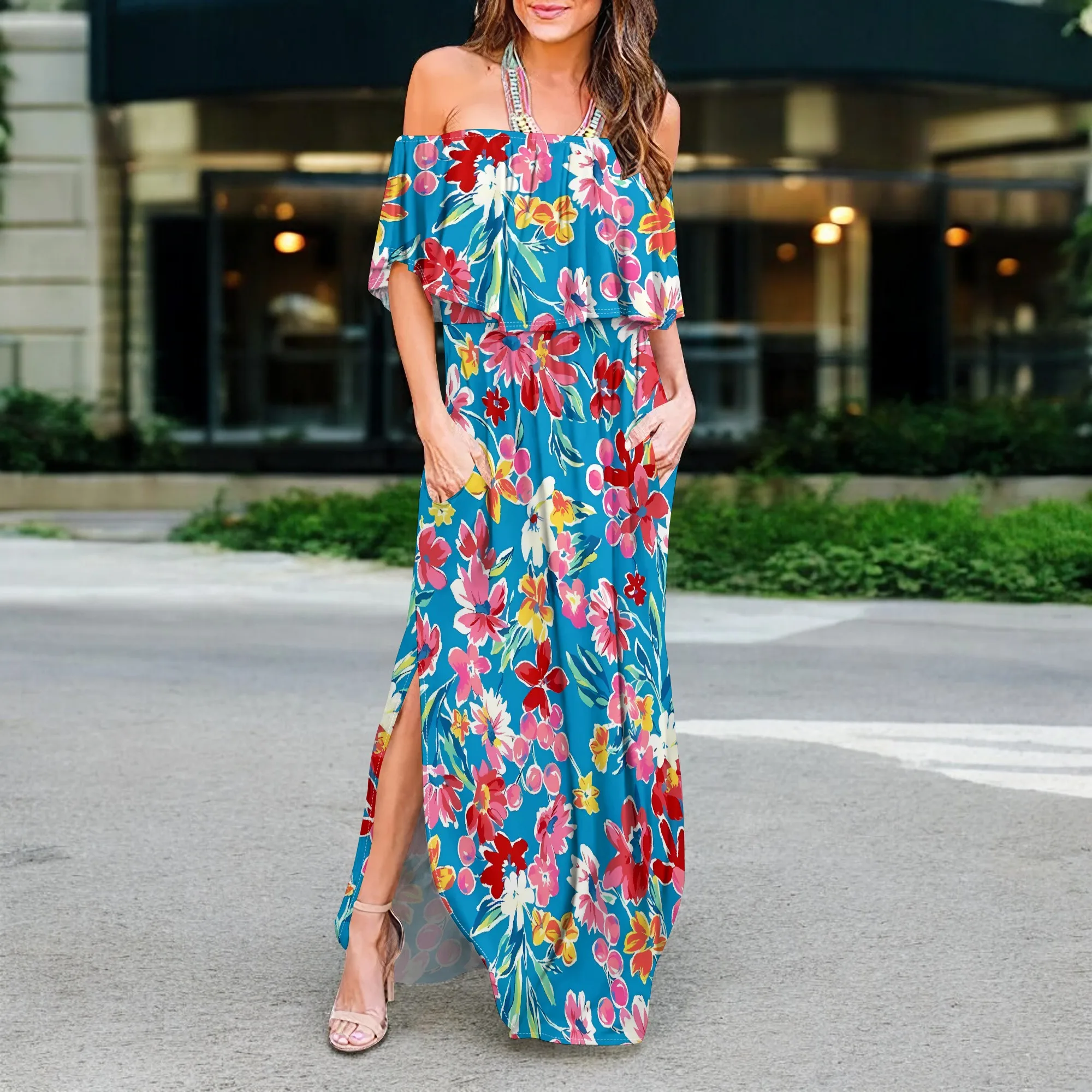 

Nupusa Floral Print Off Shoulder Maxi Dress Women Summer Loose Long Dress