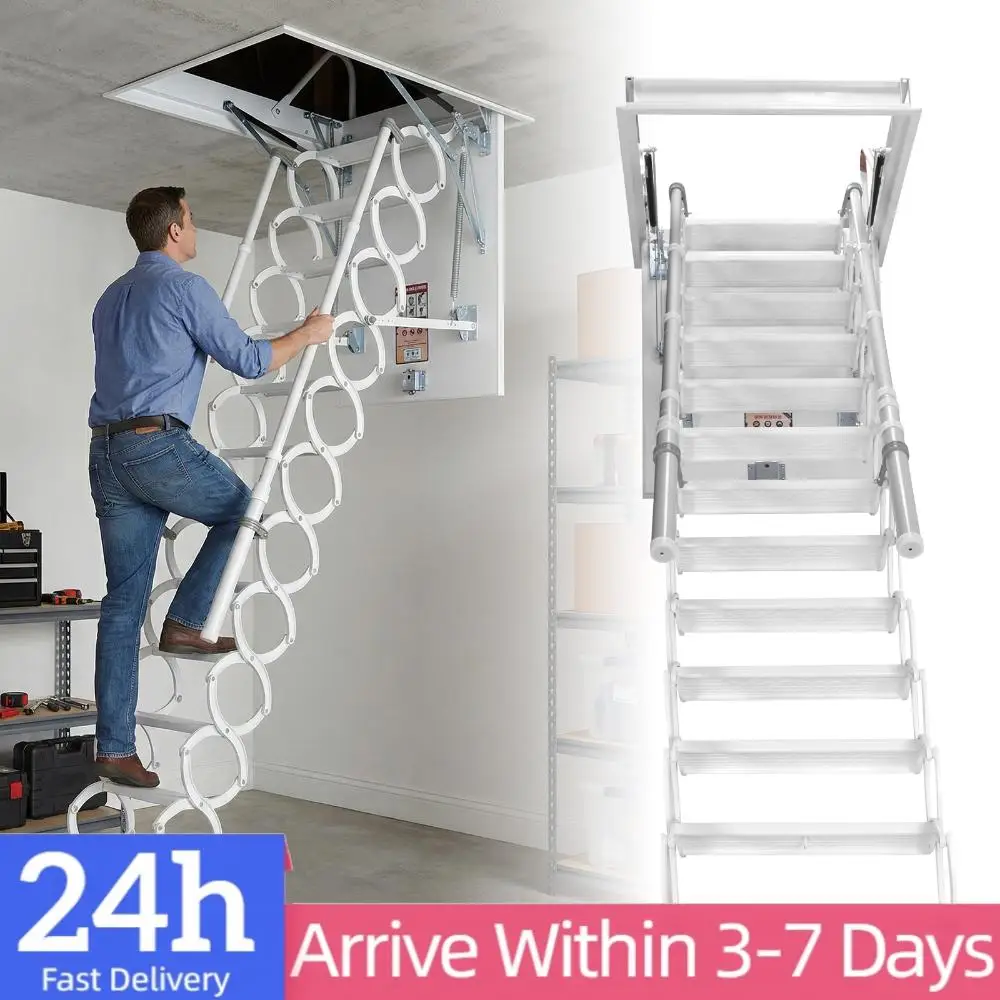 

12 Steps Steel Attic Staircases with Handrails Pull Down Attics Ladders 660LBS Capacity Height Adjustable For Home Duplex Villas