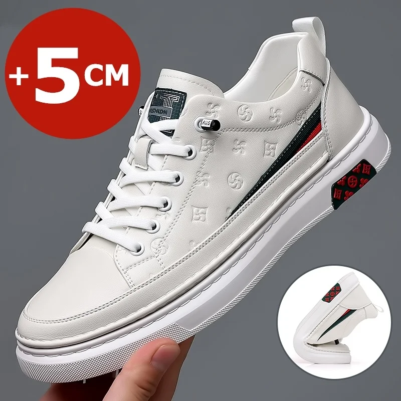 Zapatillas de deporte planas para hombre, mocasines de cuero blanco suave, aumento de altura, 5cm