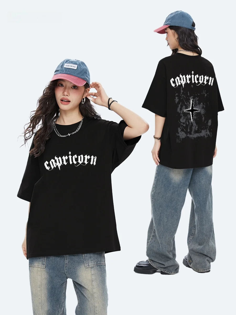 

Женская футболка Capricorn Dark Cross из чистого хлопка с короткими рукавами, летняя новинка, повседневный стиль, свободный крой, с принтом, с круглым вырезом