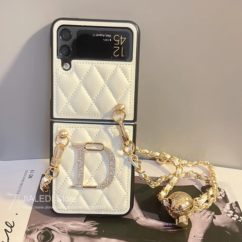 Luksusowe skórzane etui na telefon w kształcie rombu do Samsung Galaxy Z Flip 3 4 5 Rhinestone D Z Flip 6 Cover